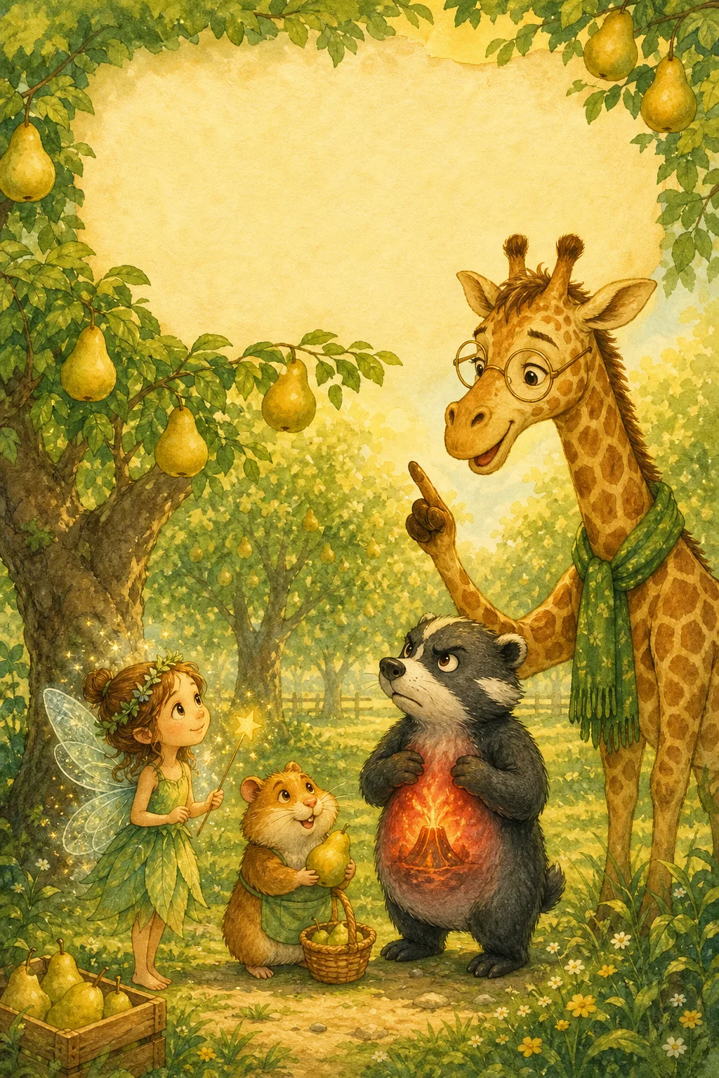 Buchcover mit Fee Fey, Hamster Bino, Dachs Dodo und Giraffe Raffi auf der Obstwiese